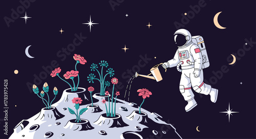 Whimsical illustration features an astronaut floating on the moon's surface, diligently watering newly sprouted flowers, symbolizing exploration and growth beyond Earth.