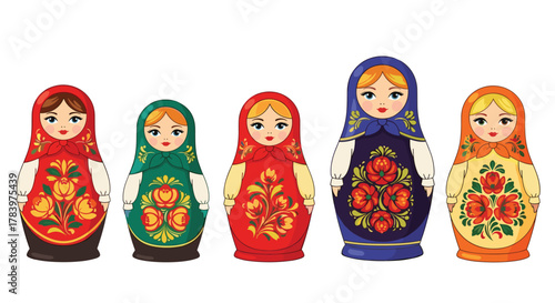 Colorful row of traditional Russian nesting dolls, known as Matryoshka dolls, showcasing intricate floral patterns and vibrant designs, representing cultural artistry.