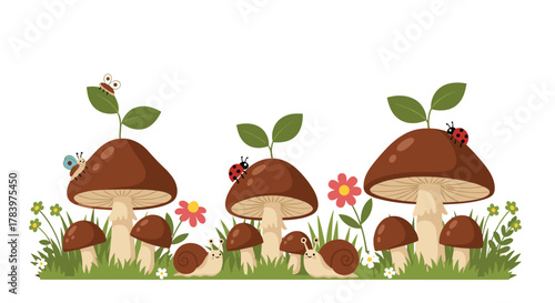 Charming woodland scene depicts an array of mushrooms, cute snails, busy ladybugs, and delicate flowers, creating a whimsical and lively natural environment.