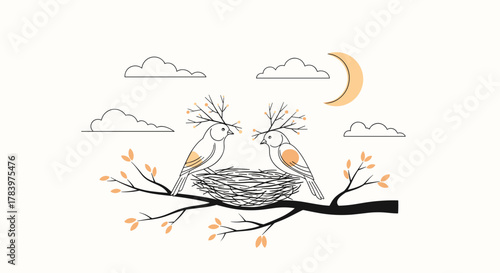 Romantic illustration portrays two charming birds with antler-like branches, perched on a tree branch with a cozy nest, under a serene moonlit sky with clouds.