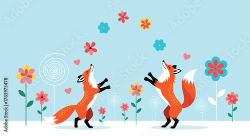 Joyful illustration of two playful foxes happily interacting with colorful flowers in a vibrant meadow, surrounded by whimsical elements like hearts and swirls.
