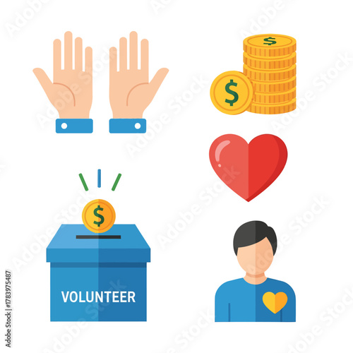 Conceptual vector set portraying essential charity, volunteering, and donation elements for social campaigns and community outreach initiatives
