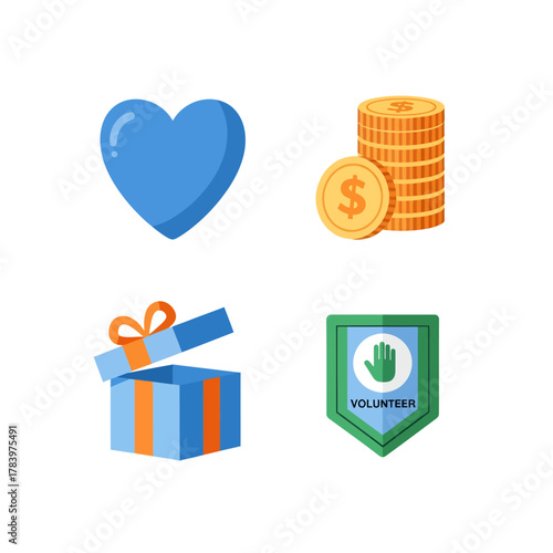 Vibrant Flat Design Vector Icon Set for Charitable Giving, Financial Support, and Community Volunteering, Perfect for Social Responsibility Campaigns