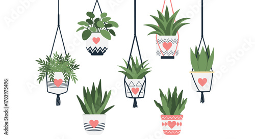 Charming collection of various hanging potted plants, each adorned with cute heart details and unique patterns, bringing warmth and greenery to any space.