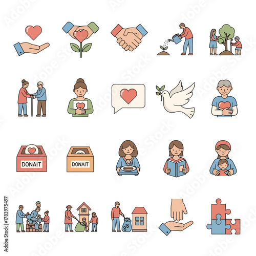 Diverse flat line icon collection showcasing concepts of social responsibility, community engagement, and charitable giving. Features volunteering, donations, helping hands, and acts of kindness
