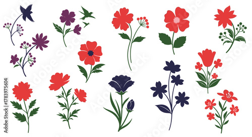 Diverse collection of elegant floral silhouettes featuring various blooming flowers and delicate flying birds, perfect for nature-inspired and decorative designs.