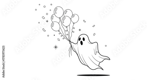 Adorable outline drawing features a cheerful ghost holding a bundle of balloons, surrounded by flying confetti and stars, perfect for a happy Halloween celebration.