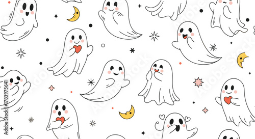 Whimsical and adorable seamless pattern featuring various cute ghosts with expressive faces, tiny moons, and sparkling stars, perfect for Halloween designs.