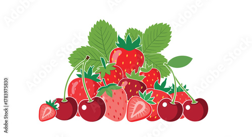Abundant and fresh cluster of ripe red strawberries and dark red cherries, with vibrant green leaves, showcasing juicy and delicious summer fruits.