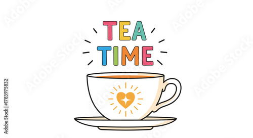 Cheerful and colorful "Tea Time" typography design above a cute teacup with a radiant heart motif, perfect for cozy and warm beverage-related themes.