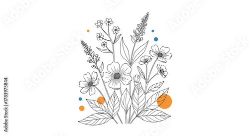 Exquisite outline illustration of a lush floral bouquet featuring various wildflowers and leaves, enhanced with subtle abstract orange and blue circular shapes.
