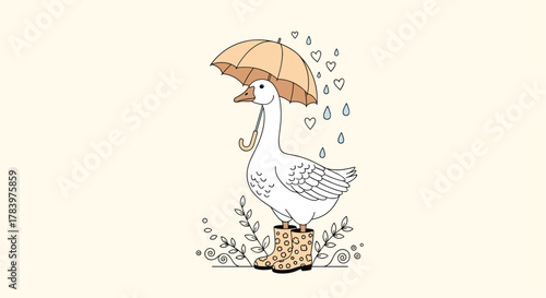 Adorable cartoon goose wearing polka-dot rain boots and holding a peach-colored umbrella, surrounded by delicate foliage and hearts, ready for a rainy day.
