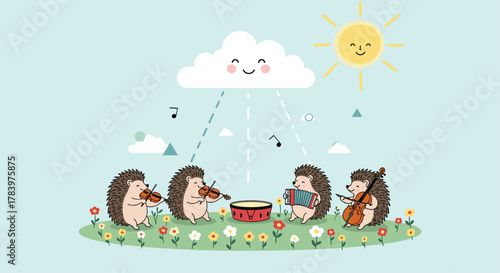 Enchanting scene featuring four adorable hedgehogs playing musical instruments in a vibrant flower field, under a smiling sun and a happy cloud shedding musical notes.