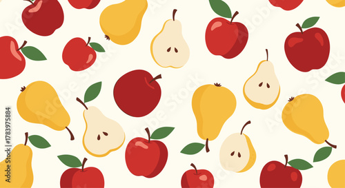Vibrant and cheerful seamless pattern featuring a delightful mix of red apples and yellow pears, some sliced, against a soft cream background, perfect for food themes.
