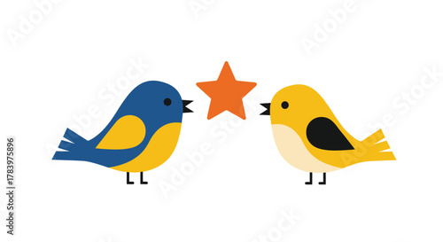 Two adorable cartoon birds, one blue and one yellow, facing each other with a star in between, suggesting friendship and connection in a playful setting.
