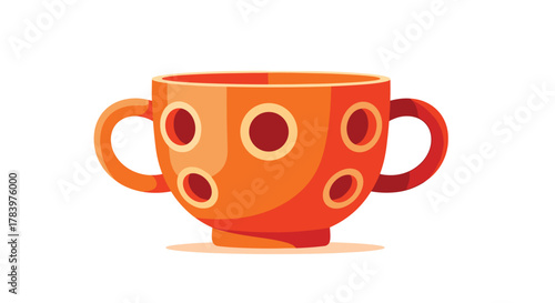 A cute orange cup with rounded handles and decorative circles, perfect for adding a touch of warmth and playfulness to designs.