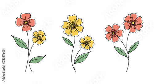 Lovely collection of three pairs of hand-drawn outline flowers, some with soft yellow and pink petals, accompanied by green leaves and stems, on a white background.