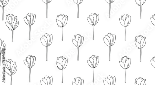 A seamless pattern of delicate line-drawn tulips, creating an elegant and minimalist floral background, perfect for various design applications.