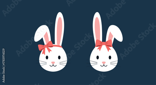 Minimalist and charming illustration of two cute bunny faces, both adorned with pink bows, symbolizing sweetness and innocence, set against a dark blue background.