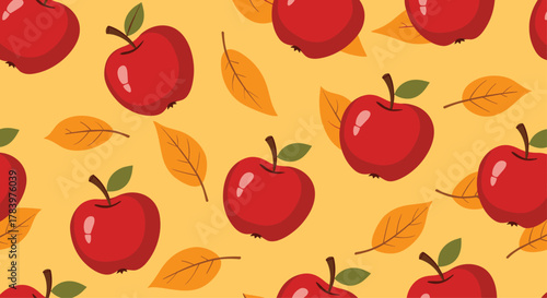 A cheerful seamless pattern of red apples and fallen autumn leaves on a warm yellow background, evoking the essence of autumn and harvest season.