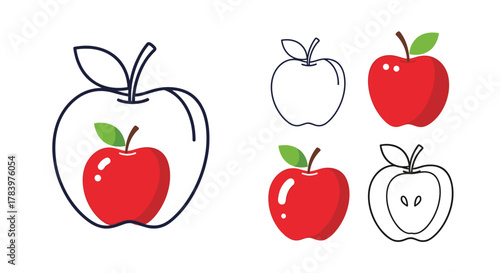 A collection of red apples in various styles, including an outline, a whole apple, a filled apple, and a cross-section, celebrating the versatile fruit.