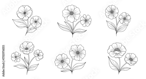 Exquisite collection of six unique hand-drawn outline bouquets, each featuring multiple blooming flowers and delicate leaves, ideal for elegant and intricate botanical illustrations.