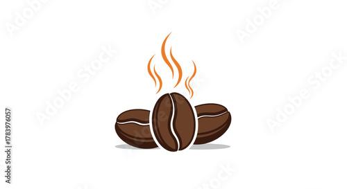 Three rich brown coffee beans with wisps of orange steam rising, symbolizing the warmth, aroma, and energy of coffee, perfect for cafes and beverage-related themes.