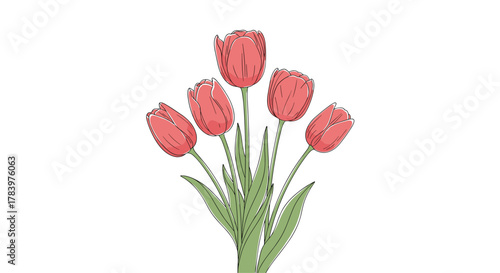 An elegant arrangement of five delicate red tulips with detailed green stems and leaves, presented in a flowing, artistic style, symbolizing love and beauty.