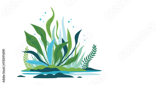 A lush aquatic plant cluster with various green and blue leaves and small bubbles, set against a watery background, evoking a vibrant underwater ecosystem.