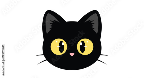 A cute black cat's face with large, bright yellow eyes and a pink nose, rendered in a simple, graphic style, conveying curiosity and playful charm.