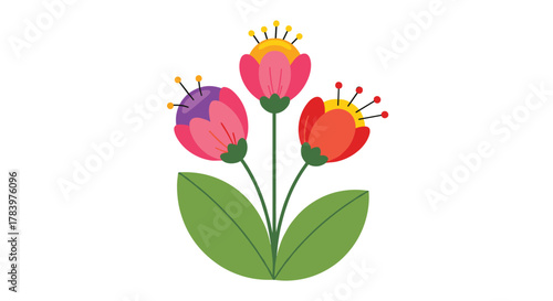 A charming cluster of three stylized flowers with colorful petals in pink, purple, and orange, featuring green leaves, symbolizing joy and natural beauty.