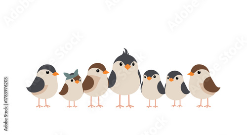 A charming group of seven stylized birds, including a parent and chicks, with soft textures, perfect for family and nature themes.
