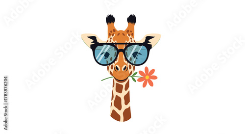 Cool and charming illustration of a giraffe's head wearing stylish sunglasses and holding a cheerful orange flower in its mouth, exuding a playful summer vibe.