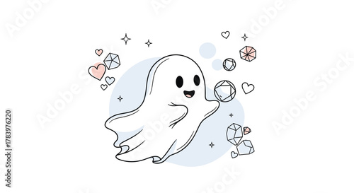 Whimsical outline illustration of a cute ghost with a happy expression, surrounded by sparkling stars and abstract geometric shapes, against a soft blue backdrop.