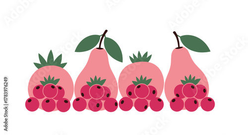 A playful row of stylized pink fruits and berries, including pears and round fruits with leafy tops, perfect for sweet and summery themes.