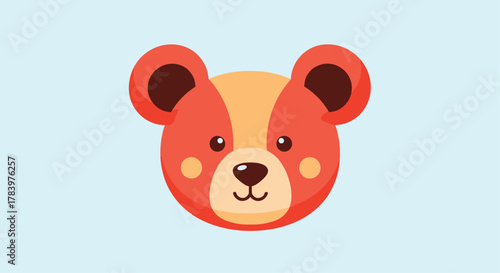 A cute cartoon illustration of a bear's face with orange and red fur, round ears, and rosy cheeks, set against a light blue background.