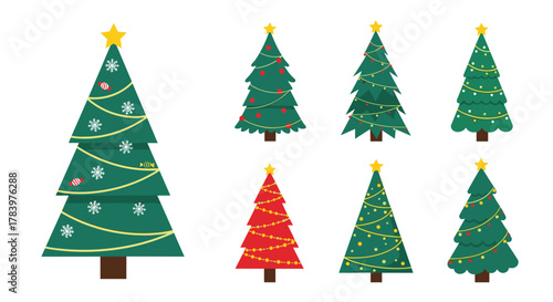 Diverse and festive collection of seven decorated Christmas trees in various shapes, sizes, and colors, adorned with lights and ornaments, perfect for holiday designs.