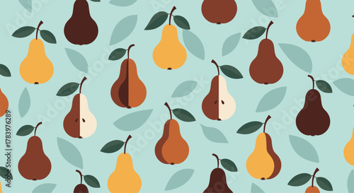 Stylish and colorful seamless pattern showcasing various pears in different shades of brown, yellow, and white, interspersed with subtle leaves, on a light blue background.