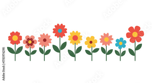 A cheerful row of diverse cartoon flowers in various colors, with green stems and leaves, creating a lively and colorful garden scene, perfect for spring and summer themes.