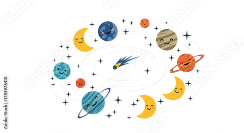 Whimsical cartoon illustration depicts adorable planets, moons, and a playful comet orbiting in a starry cosmic dance within outer space.