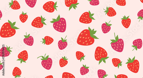Sweet seamless pattern features a charming scattering of fresh red strawberries in various sizes, creating a delightful and appetizing fruit background.