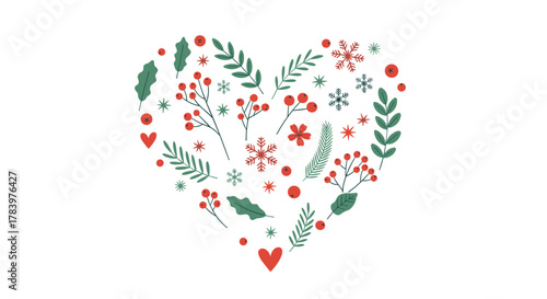 Festive heart shape artfully composed of traditional winter elements including vibrant red berries, lush green leaves, and delicate snowflakes.