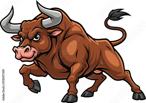 Cartoon muscular bull in aggressive stance, strong animal with curved horns and fierce expression, vector illustration for sports, finance, and motivation themes