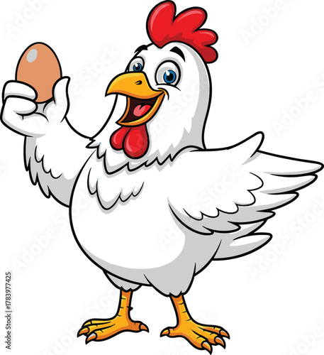 Cartoon chicken holding egg, smiling farm animal, cute poultry character, vector mascot for agriculture, kids education, food, farming, and egg production