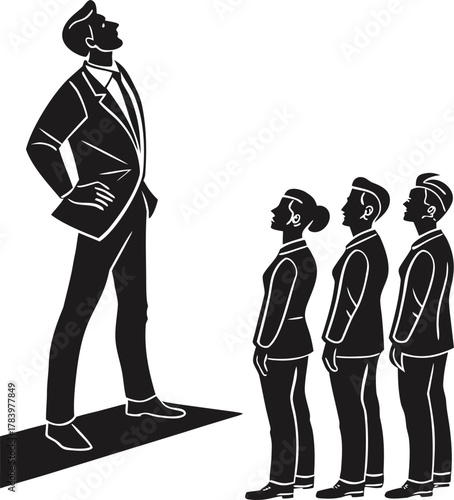The Leader's Presence A Title Describing This Striking Black and White Illustration of a Dominant Boss and Their Attentive Team