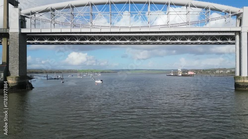 Saltash-Plymouth, England: DRONE VIEWS: The Tamar bridge (both road and rail bridges) spanning the River Tamar. The River Tamar is the natural divide for the ancient counties of Devon and Cornwall.