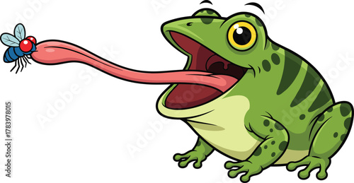 Cartoon frog catching fly, playful amphibian with long tongue, vector illustration for kids, nature, insect hunting, education, and animal behavior themes