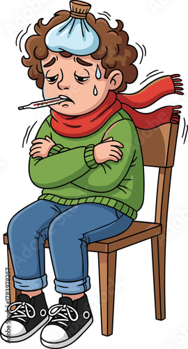 Cartoon person feeling sick with fever and chills, sitting on chair with thermometer and cold compress, vector illustration for health, illness, and care themes