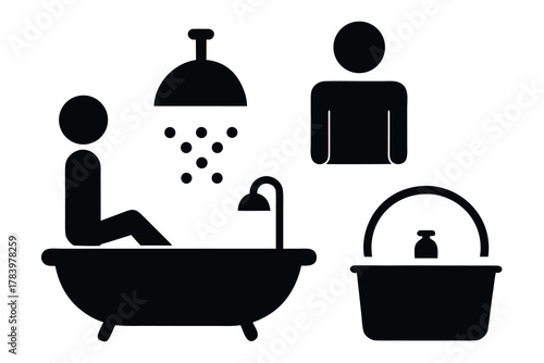 Black silhouette shows a person relaxing in a bathtub with bathing essentials on white