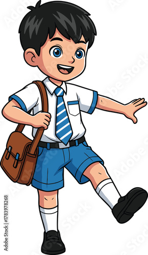 Cartoon schoolboy in uniform, cheerful child walking with shoulder bag, vector illustration for education, student life, classroom, and learning themes